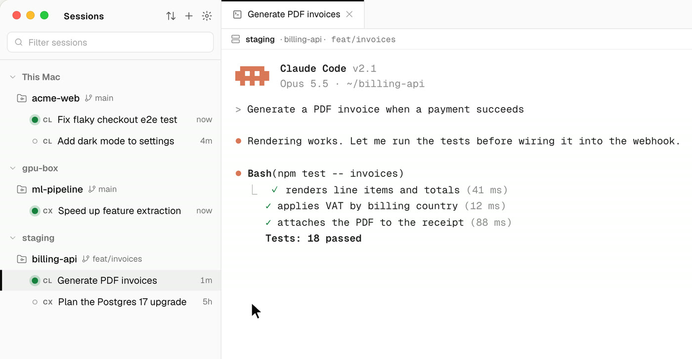 Drift's sidebar: sessions grouped by host and repository, with working and waiting indicators